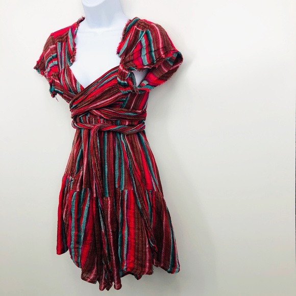FP One Maia Striped Wrap Mini Dress Red Blue Sash - Picture 5 of 7